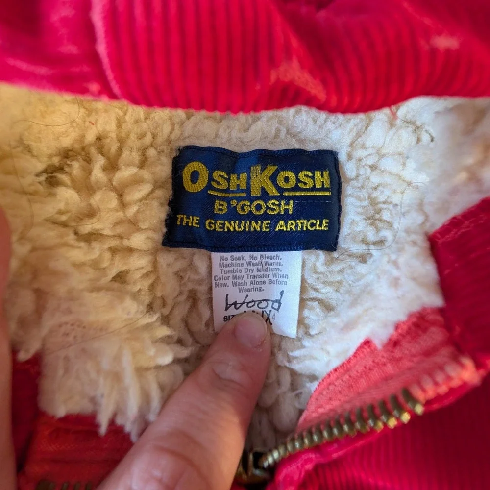 Vintage OshKosh Bgosh Kids Red Corduroy Sherpa Lined Hooded Bomber Jacket USA 4T